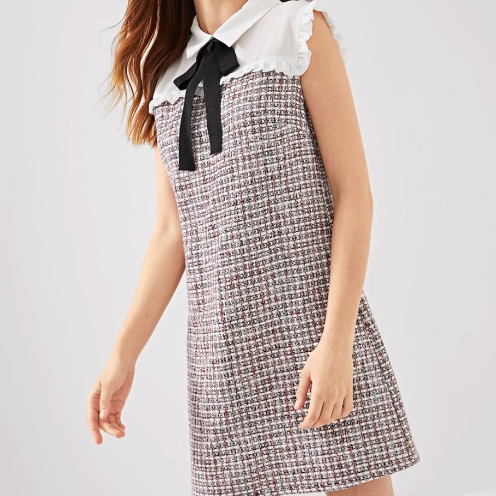 Contrast Yoke Frill Trim Tweed Dress